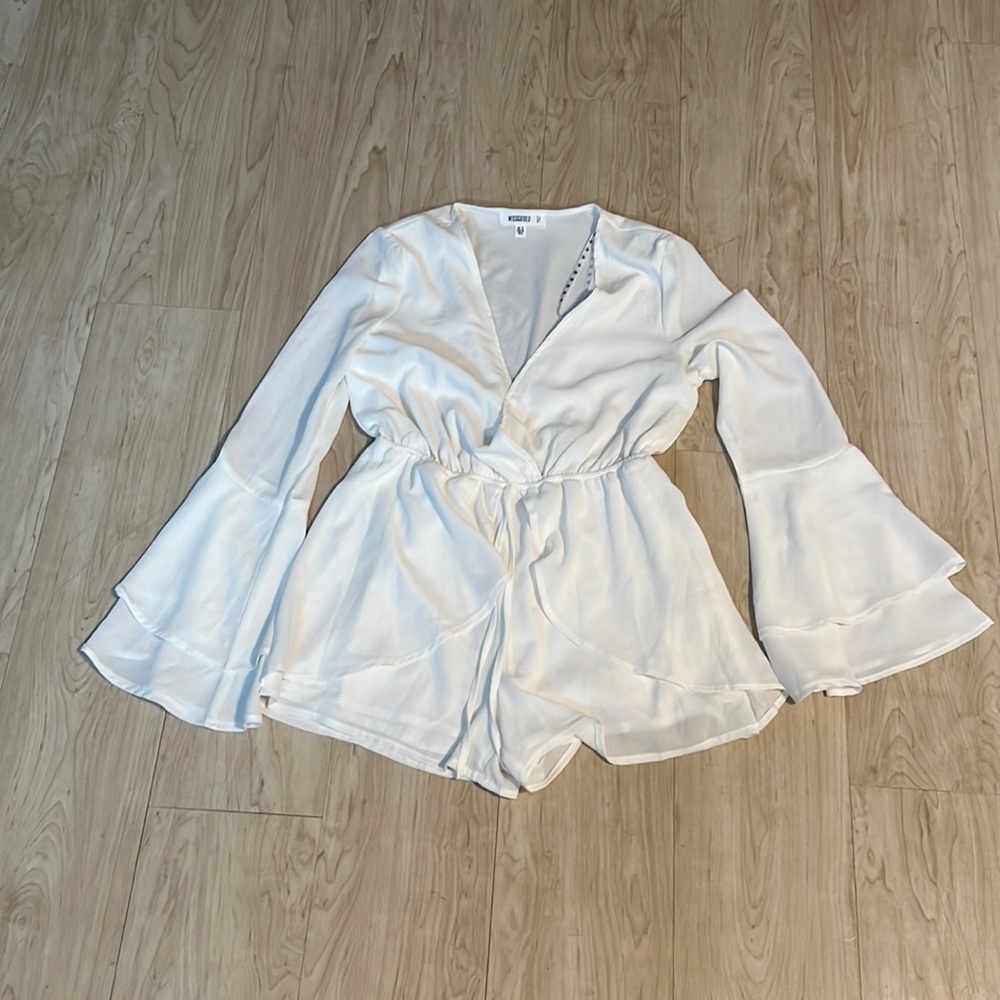 White Plunge Long Sleeve Romper